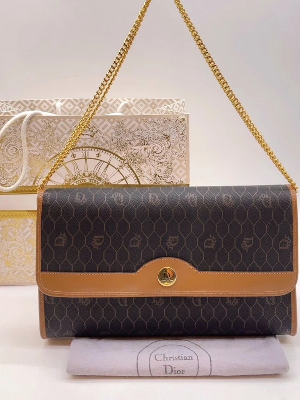 Dior Brown & Black Signature Chain Shoulder Bag